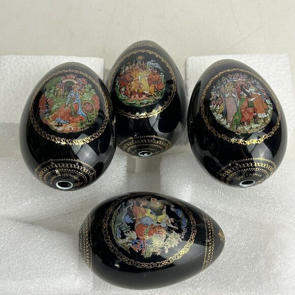 Masters of Palekh Russian Porcelain Egg Ruslan & Ludmilla Fairy Tale Set Of 4 - Picture 1 of 16